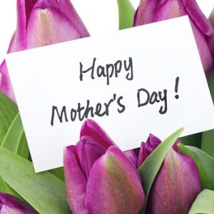 Fuchsia tulips with a Happy Mother's Day card in it